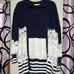 Mesh +Lace striped lace knit cardigan, size medium